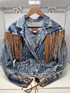 Vintage Prezzia Small Women’s Denim Fringe Jacket with Brown Suede Trim